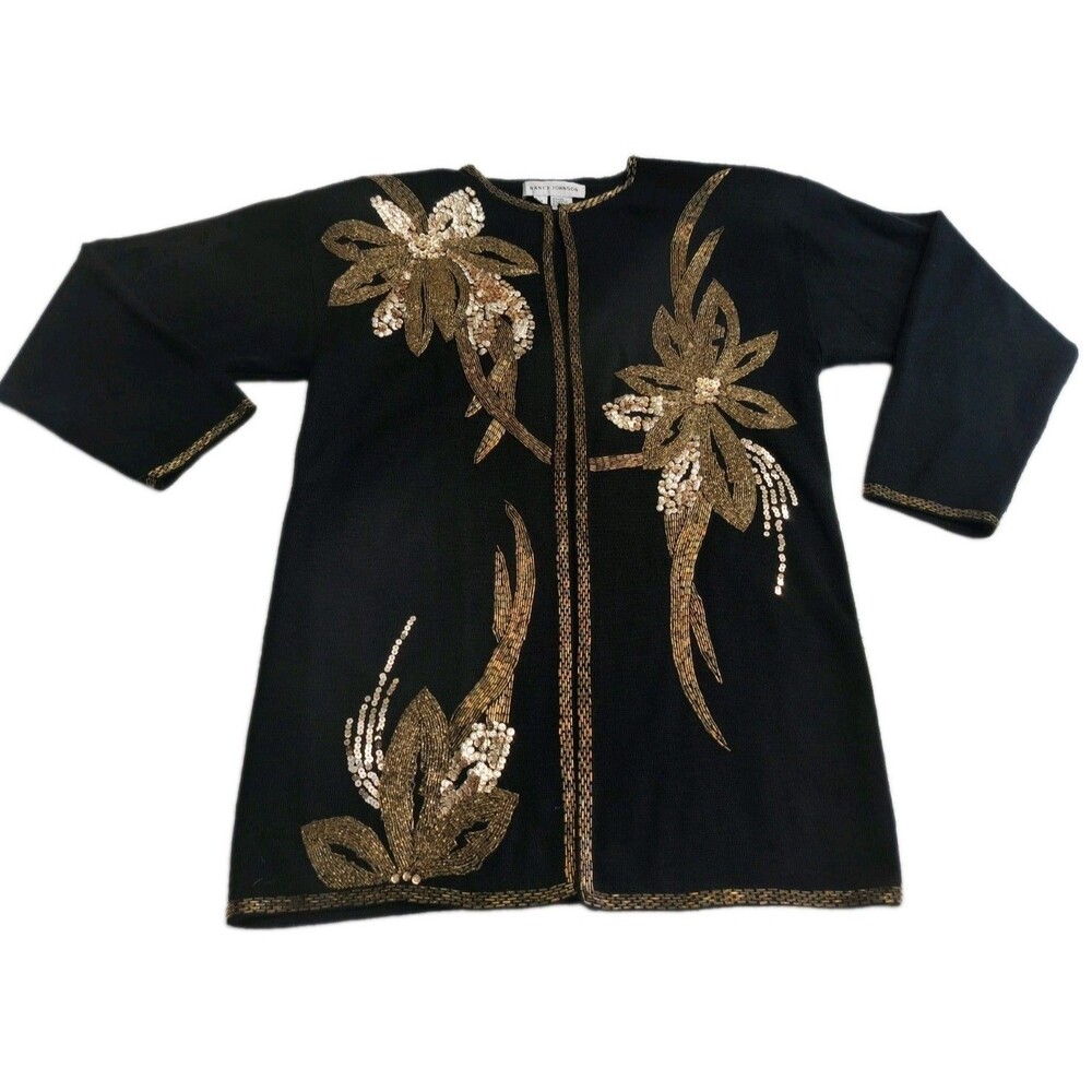 Nancy Johnson Black Wool Sequin Baroque Floral Cardigan Sweater Tunic Size M
